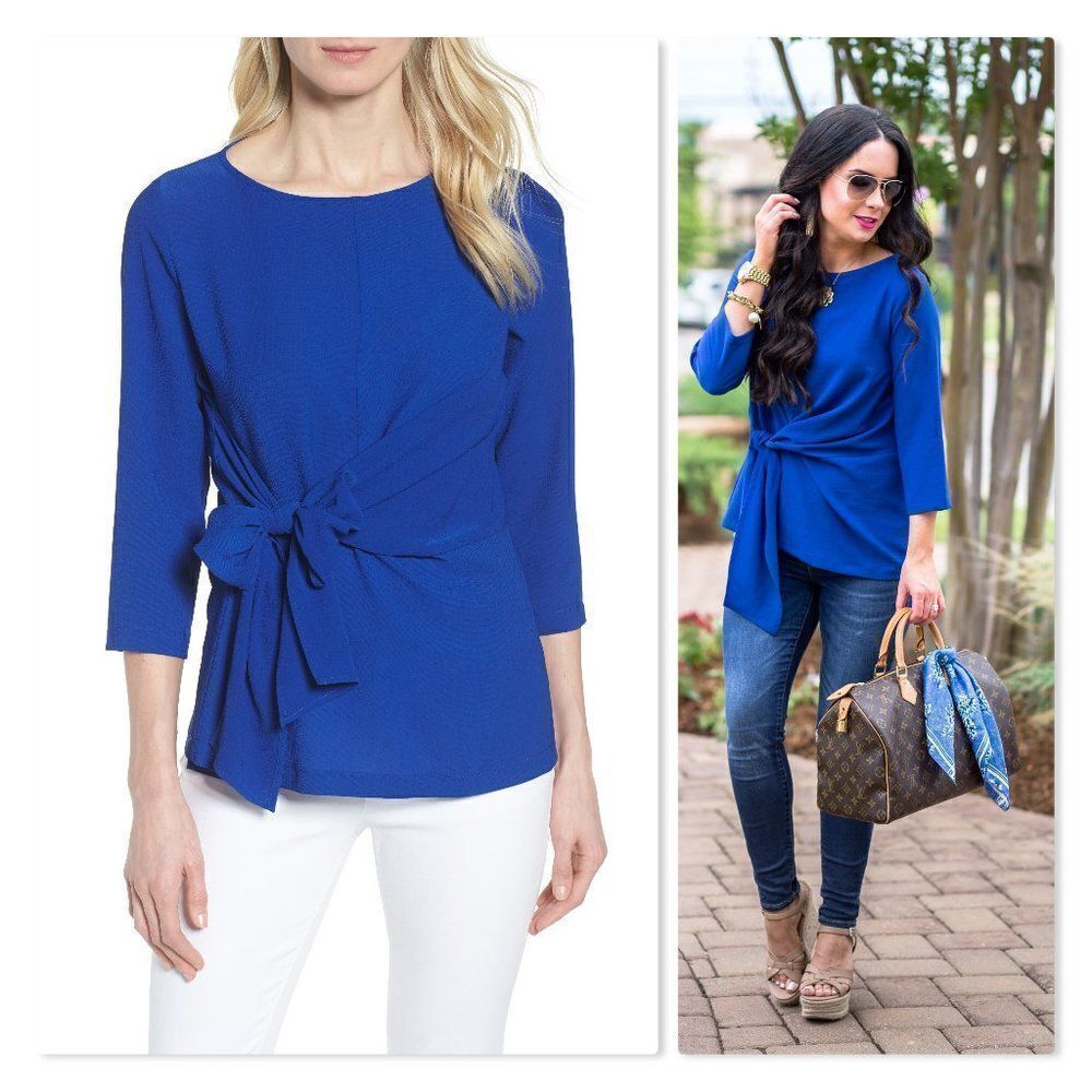 NEW! Gibson Tie Front Crepe Top size XXS Petite in Blue